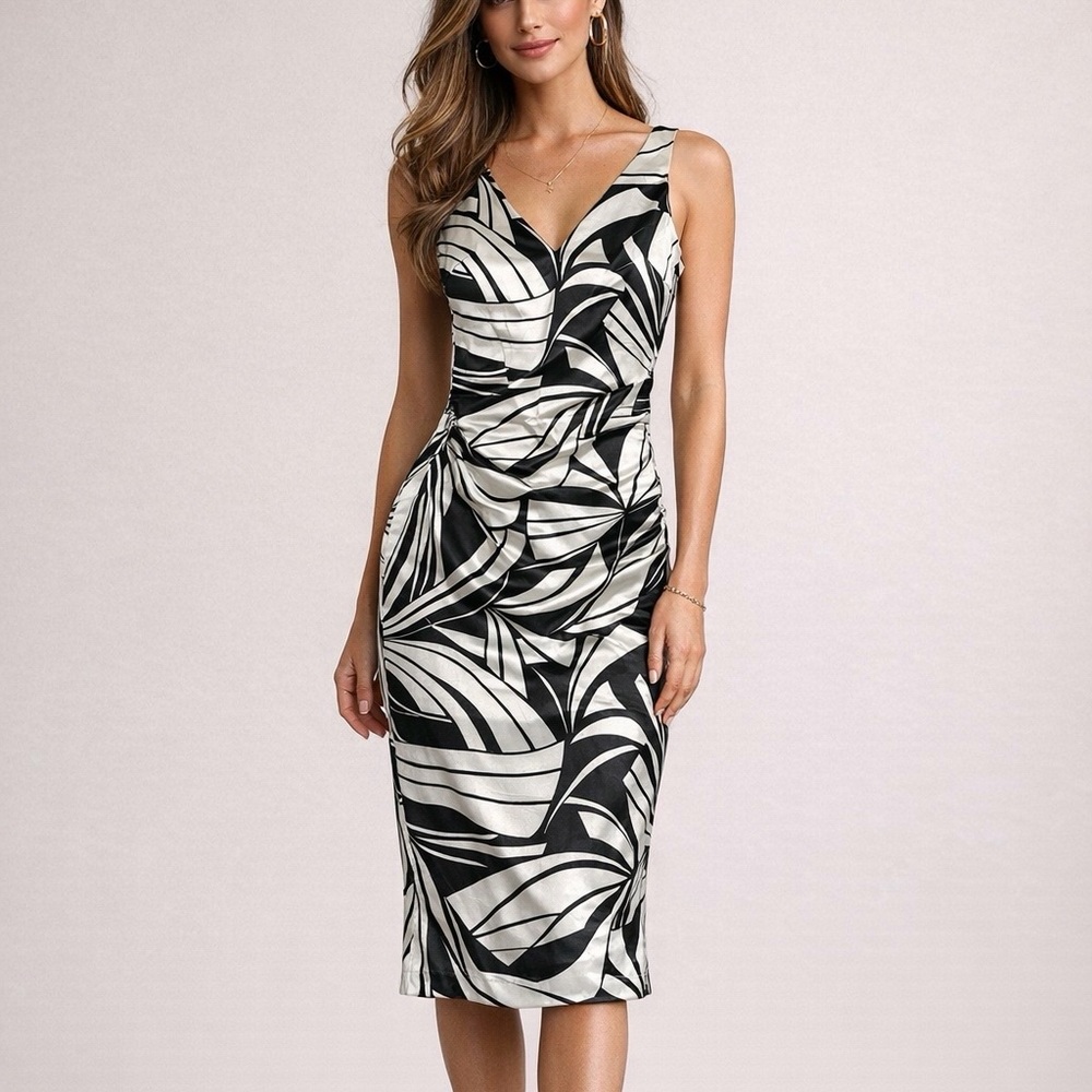 Maggy London NWT Sleeveless Sheath Black & Ivory Sateen Pencil Dress Size 4